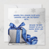 Elegante kerstgeschenkdoos met blauw lint feestdagenkaart (Voorkant)