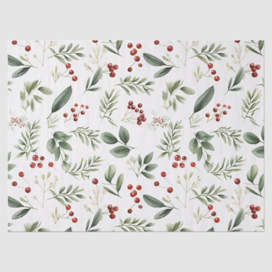 Elegante Kerstgroen & Rode Bessen Vakantie Tissuepapier (Voorkant)