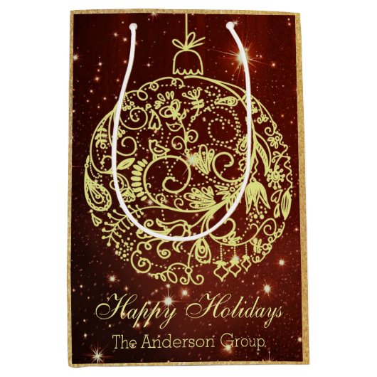 Elegante Kerstgroet Zakelijk Goud Ornament Medium Cadeauzakje (Voorkant)