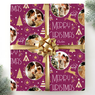 Elegante Kerstherten Fotocollage Pruim Goud Cadeaupapier