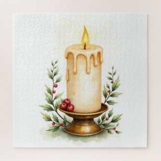 Elegante Kerstkaars & Groene Takken Rode Bessen Legpuzzel