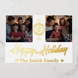 Elegante kerstkaart met 2 foto's en familienaam in folie feestdagenkaart
