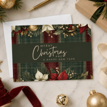 Elegante kerstkaart met burgundy ruitpatroon en po