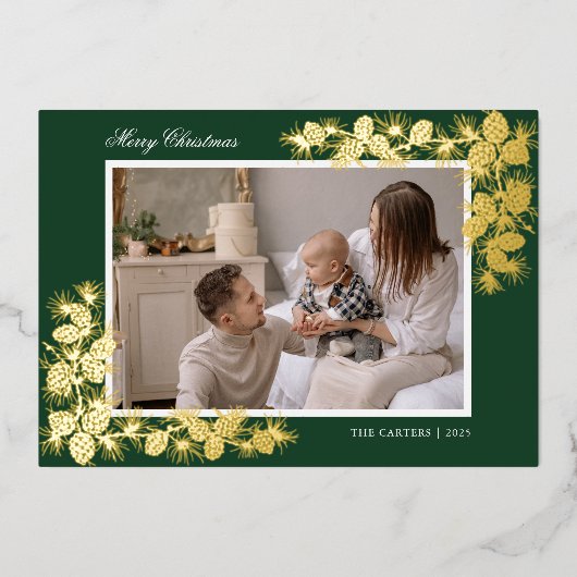 Elegante kerstkaart met goud folie en 2 foto's folie uitnodiging (Voorkant)