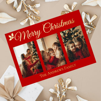 Elegante kerstkaart met goud folie op rode 5x7 kaa feestdagenkaart