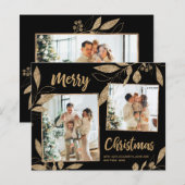 Elegante kerstkaart met gouden bladeren en 2 foto' (Voorkant / Achterkant)