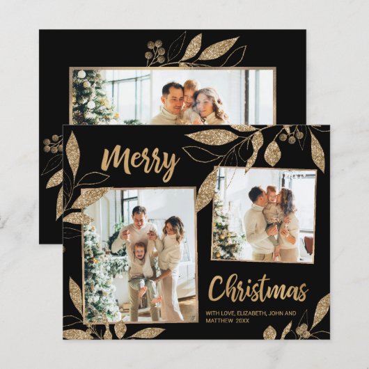 Elegante kerstkaart met gouden bladeren en 2 foto' (Voorkant / Achterkant)