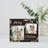 Elegante kerstkaart met gouden bladeren en 2 foto' (Staand voorkant)