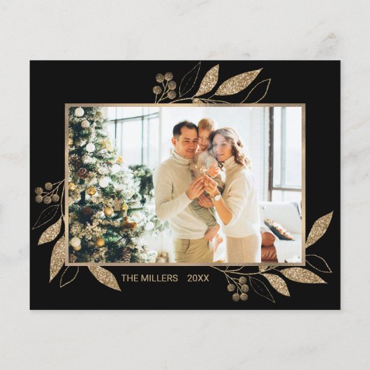 Elegante kerstkaart met gouden bladeren en 2 foto' (Achterkant)