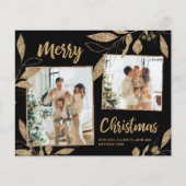 Elegante kerstkaart met gouden bladeren en 2 foto' (Voorkant)