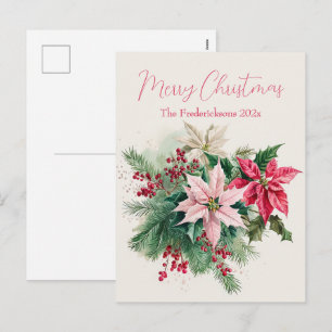 Elegante Kerstkaart met Roze Poinsettia's Feestdagenkaart