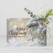 Elegante Kerstkaart met Ster Ornament op Dennentak (Staand voorkant)