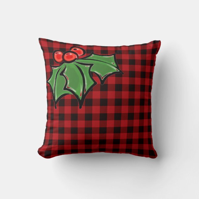 Elegante kerstklassieker Red Plaid Holly bessen Kussen (Voorkant)