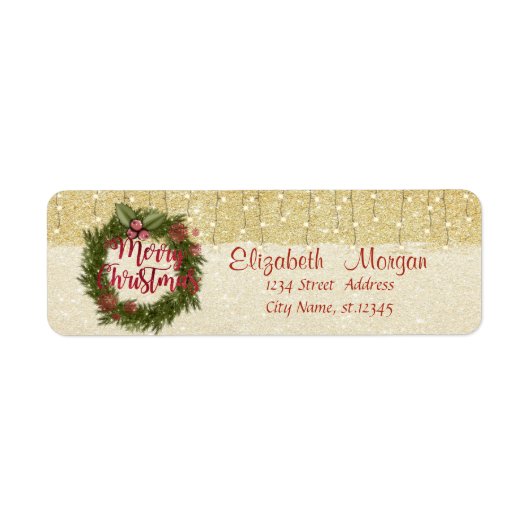 Elegante kerstkrans, goud glinsterend etiket (Voorkant)