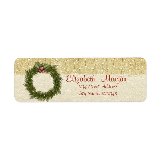 Elegante kerstkrans, gouden glitters etiket (Voorkant)