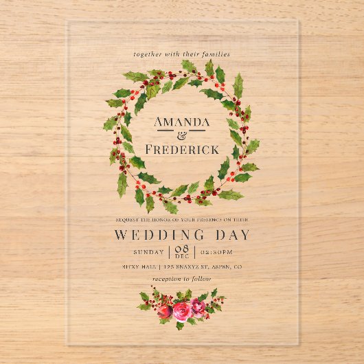 Elegante kerstkrans kerstbruiloft acryl uitnodigingen (Voorkant)