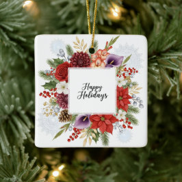 Elegante Kerstkrans met Bloemen Fijne Feestdagen Keramisch Ornament