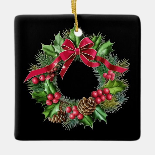 Elegante kerstkrans met rode strik, Holly & Pin Keramisch Ornament (Voorkant)