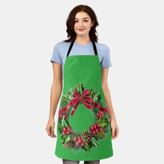 Elegante Kerstkrans met Rode Strik, Hulst & Prikke Schort (Gedragen)