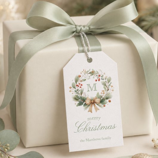 Elegante Kerstkrans Monogram Cadeaulabel