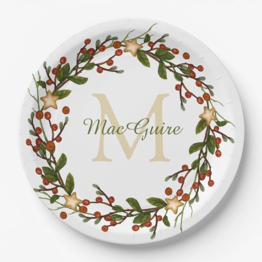 Elegante Kerstkrans Monogram Initiaal Papieren Bordje (Voorkant)