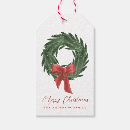 Elegante Kerstkrans Red Bow Vakantie Cadeaulabel (Voorkant)