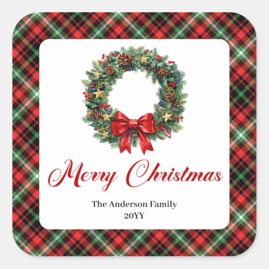 Elegante Kerstkrans Rood Groen Geruite Stickers (Voorkant)