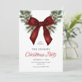 Elegante Kerstkrans Rood Lint Feest Uitnodiging (Staand voorkant)