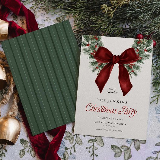 Elegante Kerstkrans Rood Lint Feest Uitnodiging