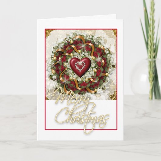 Elegante kerstkrans rood wit groen hart feestdagen kaart (Voorkant)