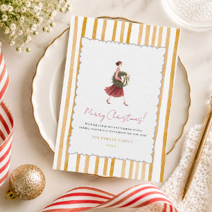 Elegante Kerstkrans voor Vrouw met Gele Strepen Feestdagenkaart
