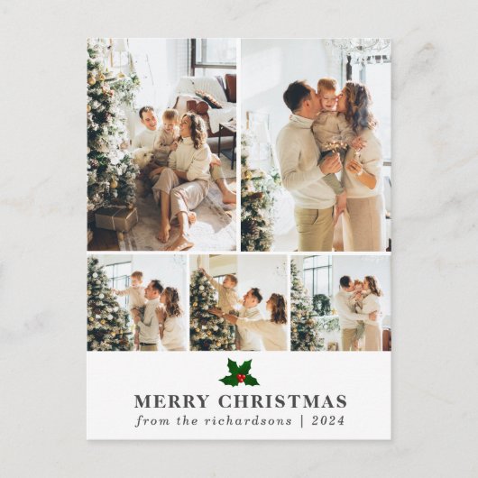 Elegante Kerstmis Bloemen Familie Fotocollage Feestdagenkaart (Voorkant)