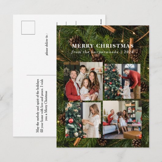 Elegante Kerstmis Bloemen Familie Fotocollage Feestdagenkaart (Voorkant / Achterkant)