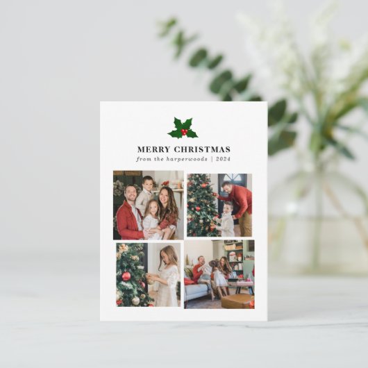 Elegante Kerstmis Bloemen Familie Fotocollage Feestdagenkaart (Staand voorkant)