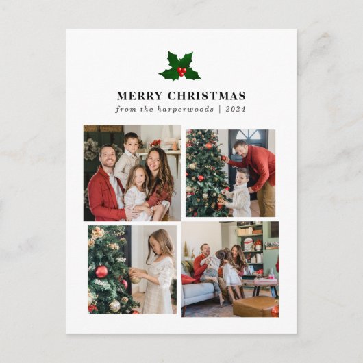 Elegante Kerstmis Bloemen Familie Fotocollage Feestdagenkaart (Voorkant)