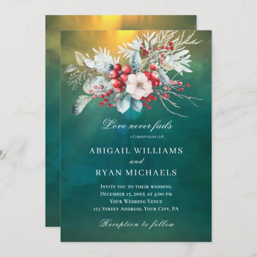 Elegante Kerstmis Bloemen op Groene Moderne Huweli Kaart (Voorkant / Achterkant)