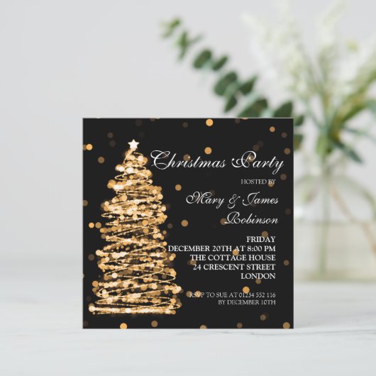 Elegante Kerstmis Bokeh Tree Party Goud Zwart Kaart (Staand voorkant)