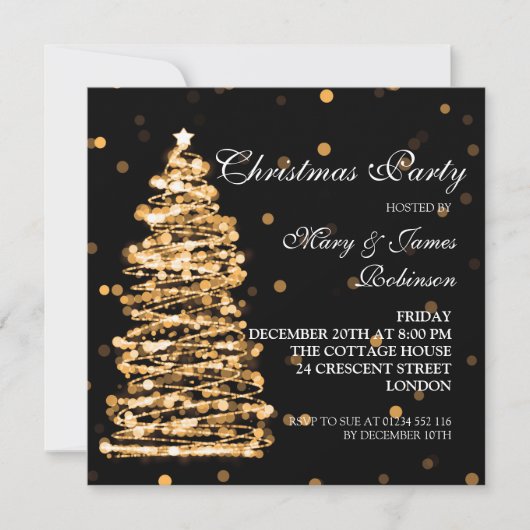 Elegante Kerstmis Bokeh Tree Party Goud Zwart Kaart (Voorkant)