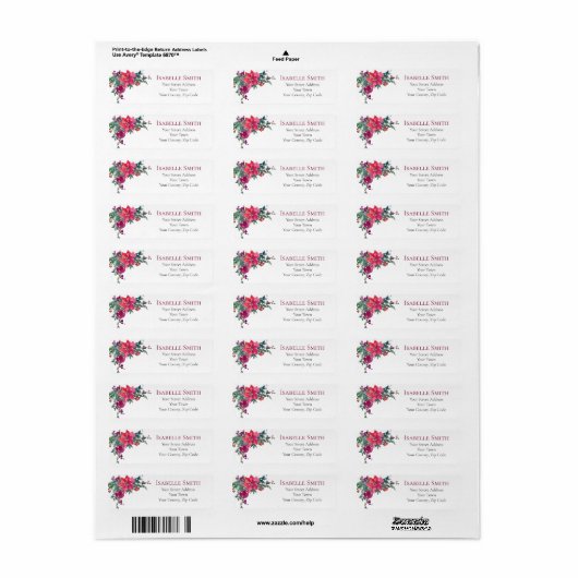 Elegante Kerstmis Bruiloft Roze Poinsettias Bloeme Etiket (Full Sheet)