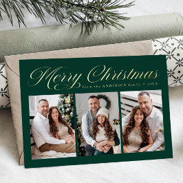 Elegante Kerstmis Calligrafie Groen 3 Foto Folie Feestdagenkaart