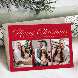 Elegante Kerstmis Calligrafie Rood 3 Foto Folie Feestdagenkaart