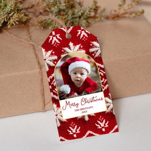 Elegante Kerstmis Familie Foto Winter Script Cadeaulabel