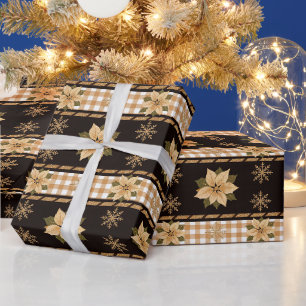 Elegante Kerstmis Goud Poinsettia Plaid Zwart TMF2 Cadeaupapier
