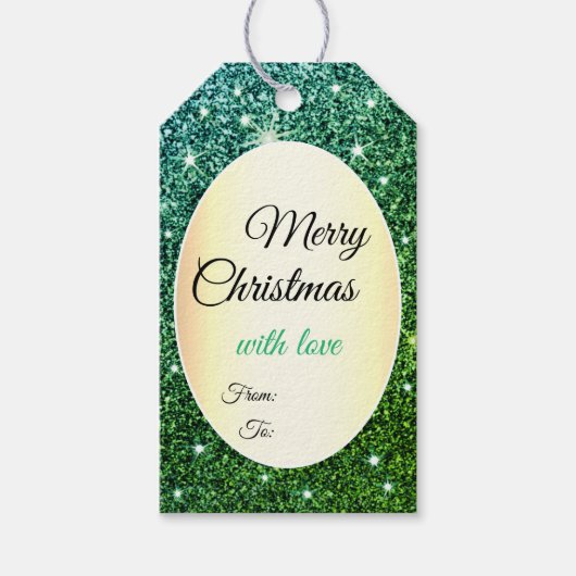 Elegante Kerstmis Groene Glitter Shimmery Sterren Cadeaulabel (Voorkant)