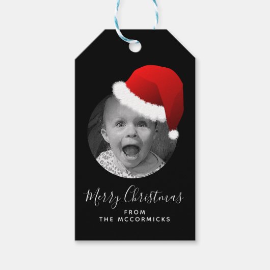 Elegante Kerstmis Hand Lettered Custom Santa Foto Cadeaulabel (Voorkant)