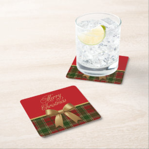 Elegante Kerstmis Plaid Collectie met Gouden Strik Kartonnen Onderzetters