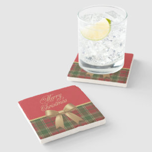 Elegante Kerstmis Plaid Collectie met Gouden Strik Stenen Onderzetter