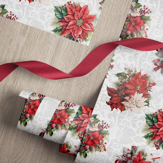Elegante Kerstmis Poinsettias en Damask Cadeaupapier