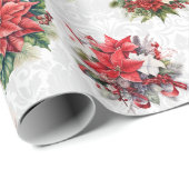 Elegante Kerstmis Poinsettias en Damask Cadeaupapier (Rol Hoek)