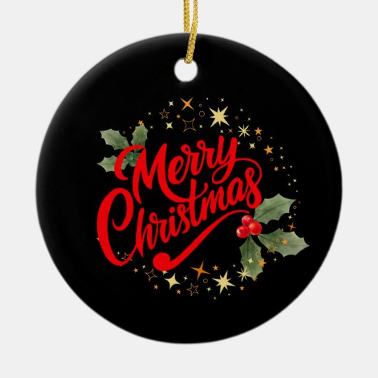 Elegante Kerstmis Rode Scriptie Hulst Gouden Ster Keramisch Ornament (Voorkant)